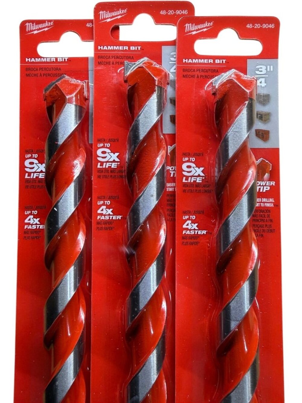 Milwaukee 3-PCS 3/4" x 10" x 12" Carbide Hammer Drill Bit with POWER TIP